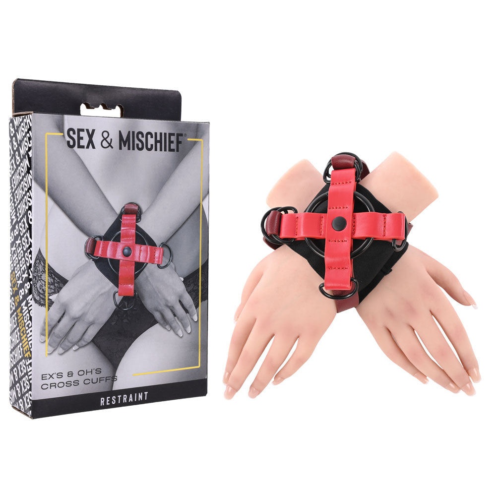 S&M Exs & Ohs Cross Cuffs - Red/Black Restraints Sportsheets